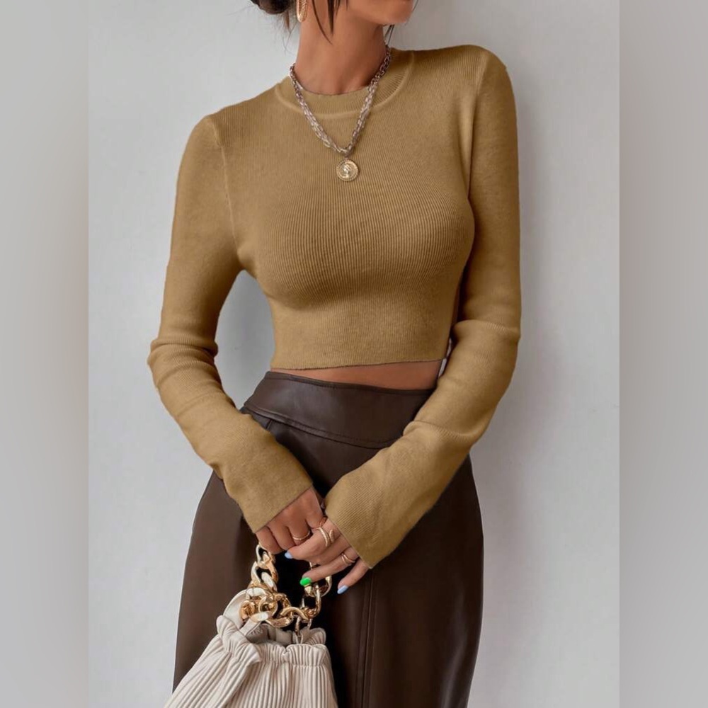 Shein Chiquease Solid Ribbed Knit Crop Sweater Tan Size XS